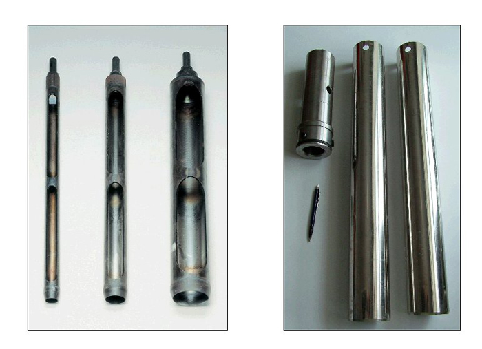 Próbniki firmy BORROS o różnej średnicy (po lewej) oraz cienkościenne próbniki firmy SHELBY o średnicy 90 mm (po prawej).
